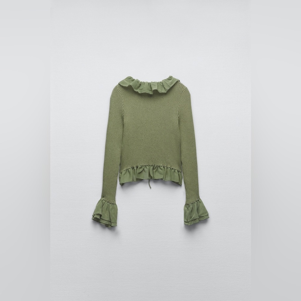 Zara Green Ruffled Knit Cardigan - Picture 7 of 9